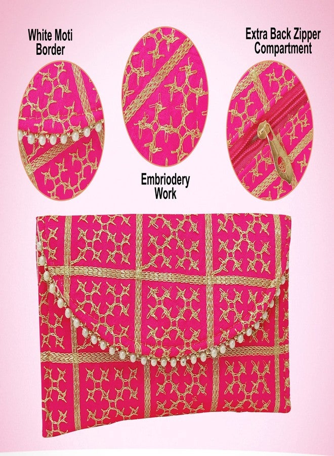 Trendifly Embroidery Checks Design Wedding return gift Clutch women wholesale bridal Traveling potli bag with Zipper for Ladies Baby Shower Shagun Purse Gifting Haldi Mehandi (Set Of 3) - Image 2